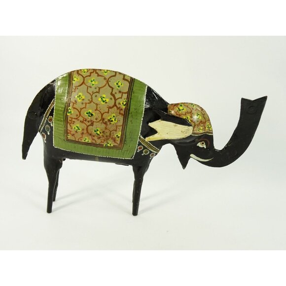 Good Luck Trunk Up Elephant Metal Black Sculpture Folk Art Style Hand Painted - Picture 4 of 8